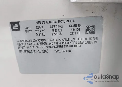 2013 Chevrolet Malibu 1Lt from USA, damaged, VIN 1G11C5SA6DF150348